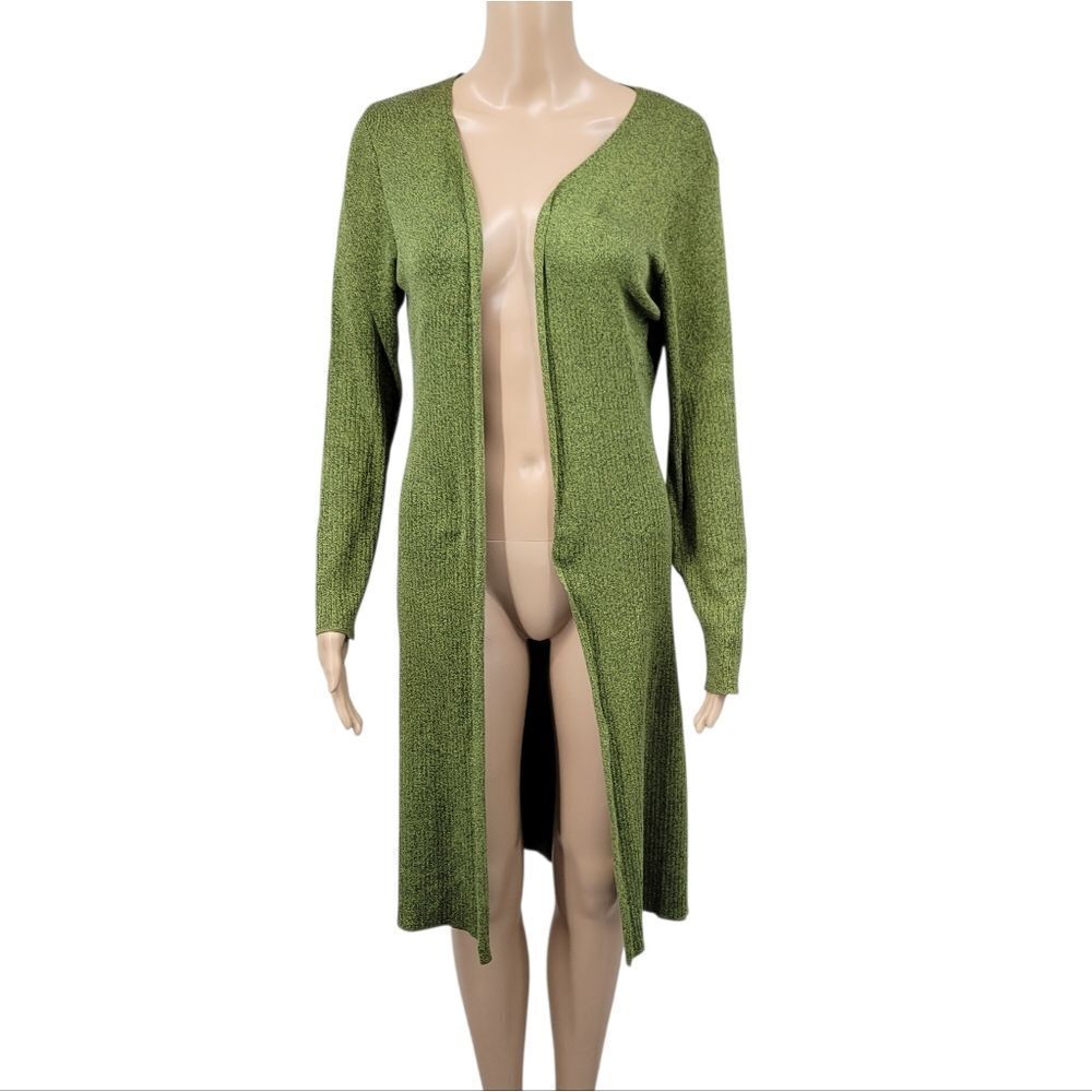 CLIO Y2k Silk Cotton Green Longline Open Front Cardigan Sweater Duster
